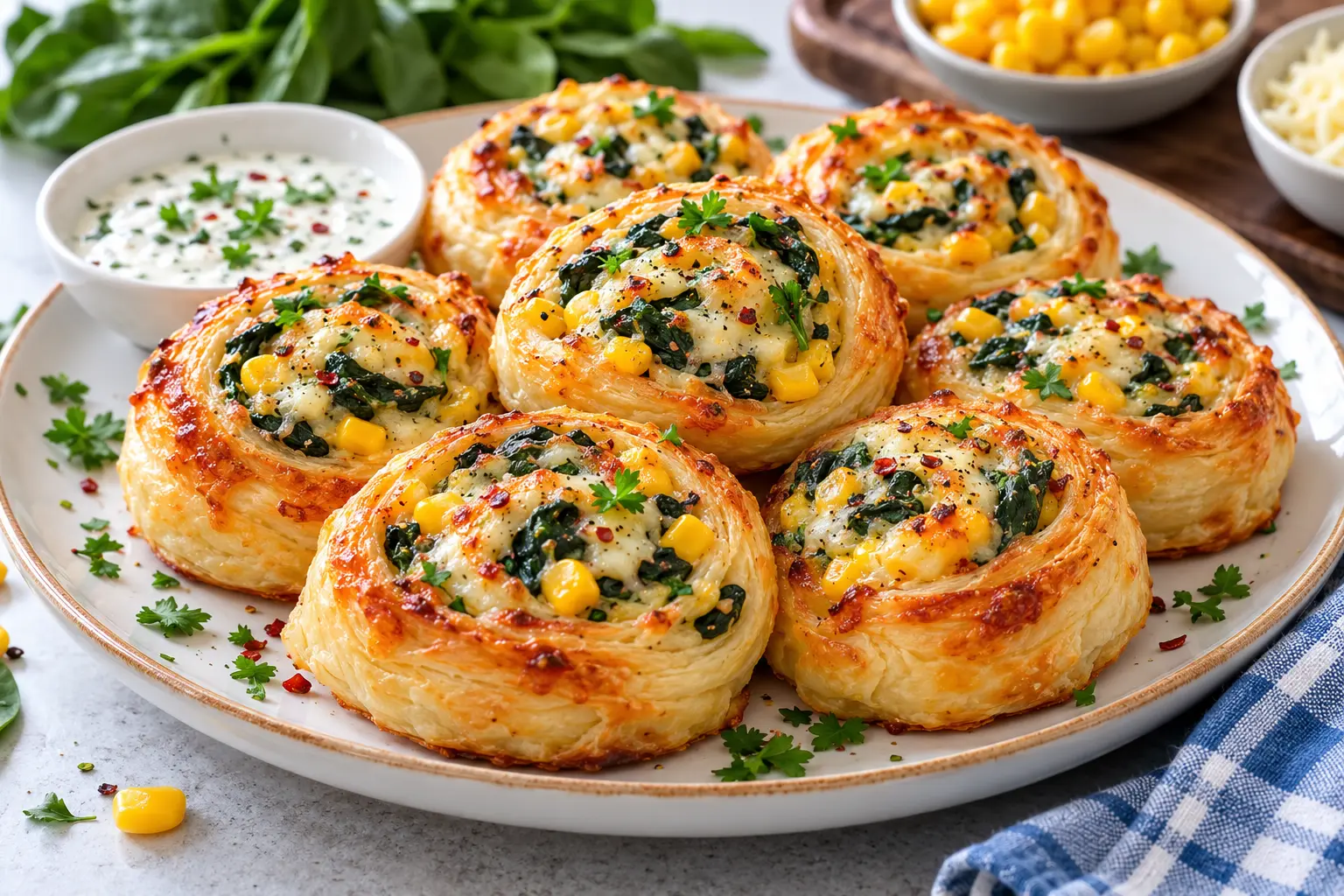 Golden cheesy spinach and corn breakfast pinwheels made with flaky puff pastry