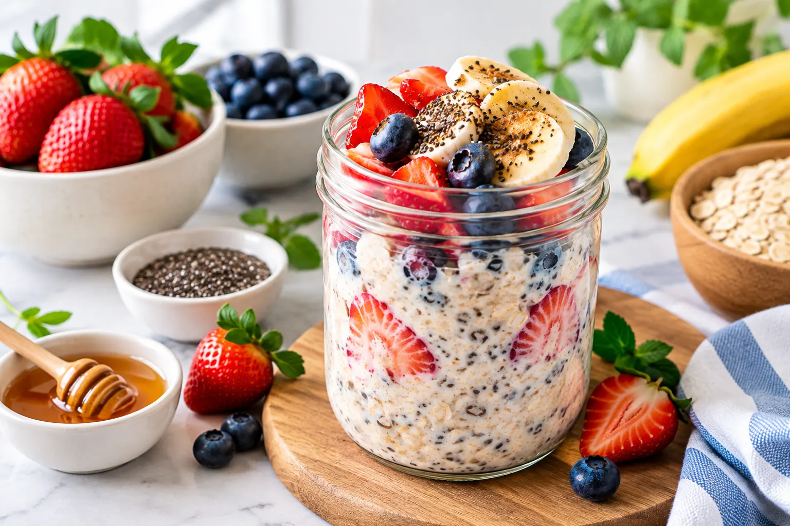 Healthy overnight oats with fresh strawberries, blueberries, banana slices, and chia seeds in a glass jar.