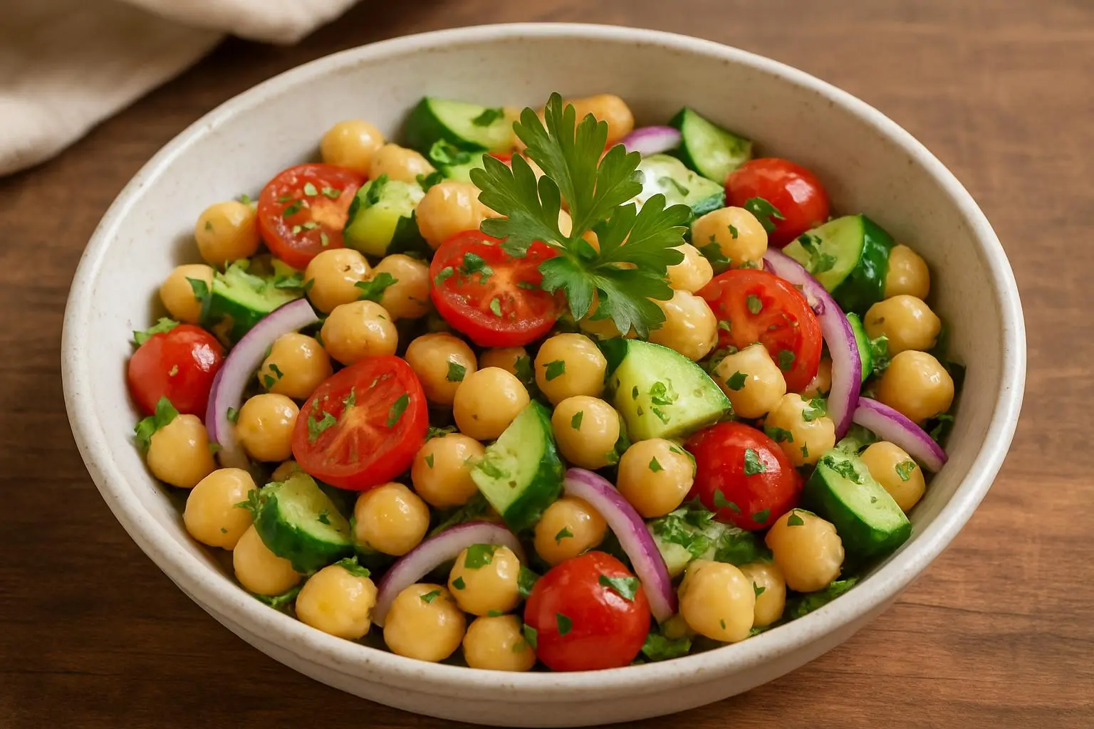 Healthy chickpea salad recipe with cucumber, tomatoes, red onion and lemon dressing