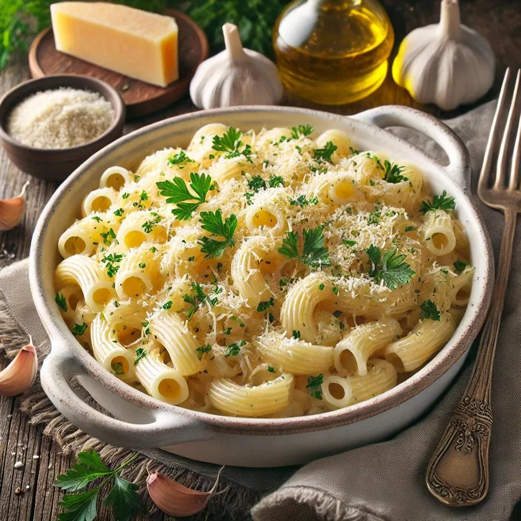 Creamy garlic parmesan pasta garnished with fresh parsley and grated Parmesan cheese.
