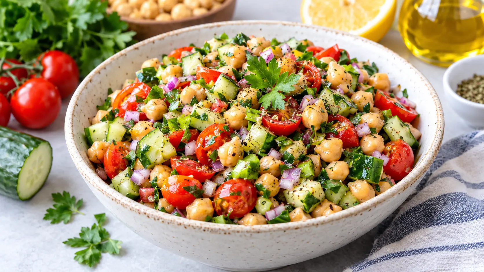 Easy Mediterranean chickpea salad recipe with fresh cucumber, cherry tomatoes, red onion, parsley, chickpeas, and lemon olive oil dressing