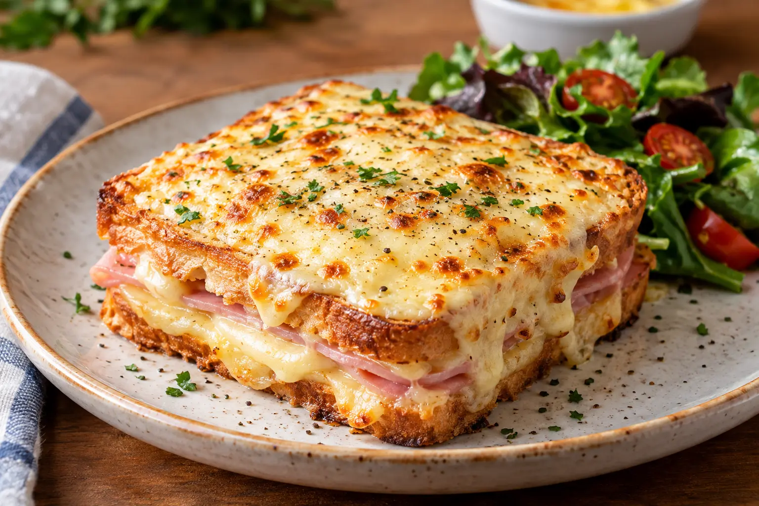 Classic French Croque Monsieur sandwich with golden toasted bread, ham, melted cheese, and creamy béchamel sauce.