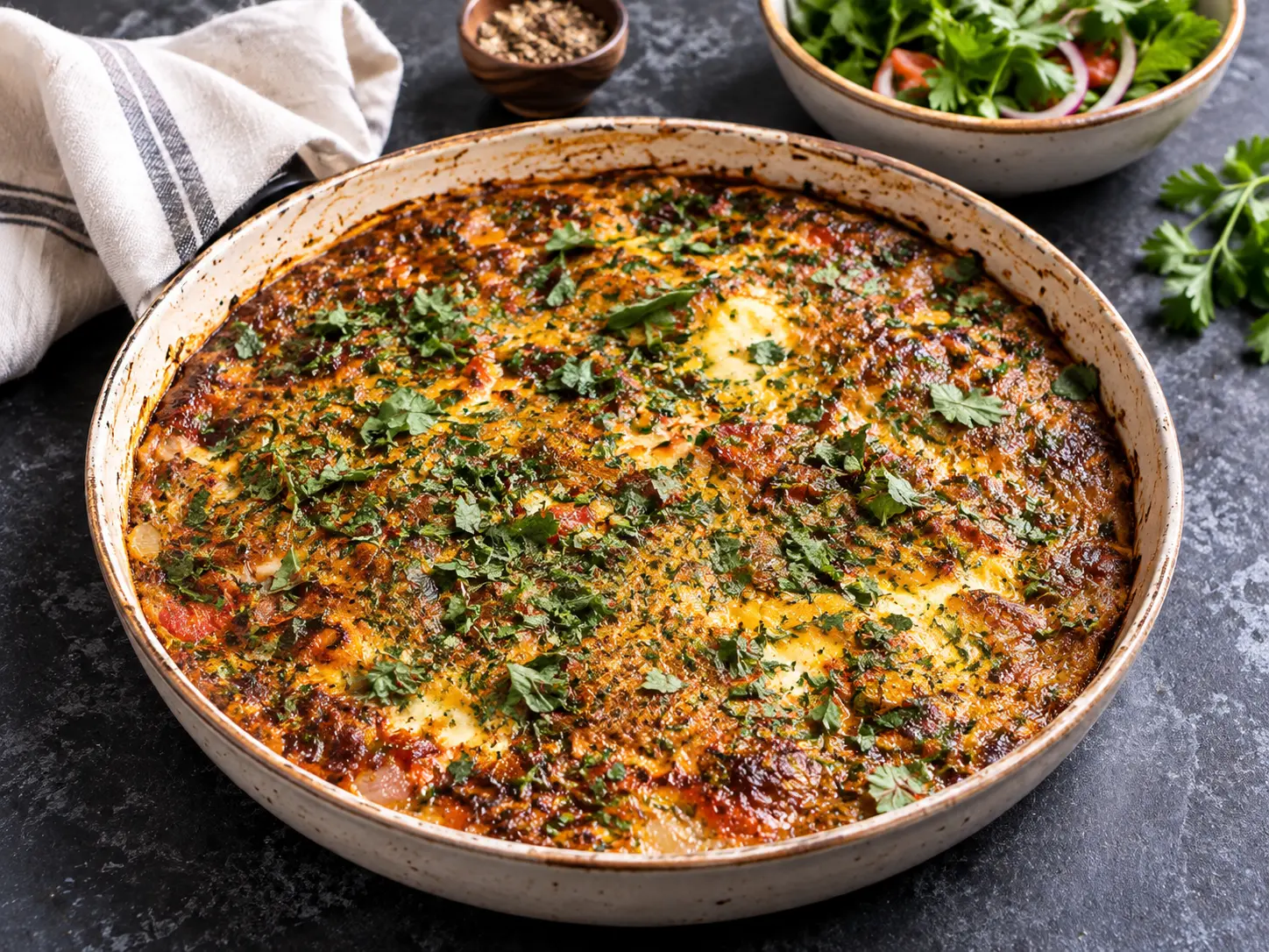 Baked Egyptian Egga with eggs, fresh parsley, cilantro, tomatoes, and chopped vegetables