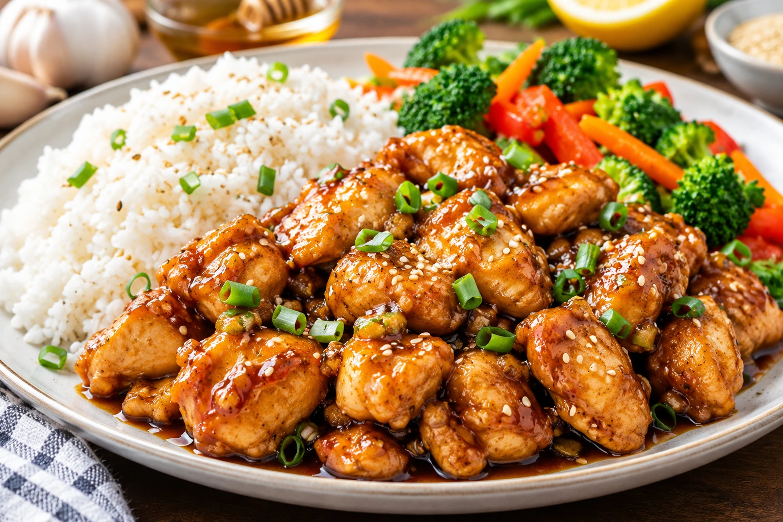 Honey garlic chicken with sesame seeds, rice, and fresh vegetables