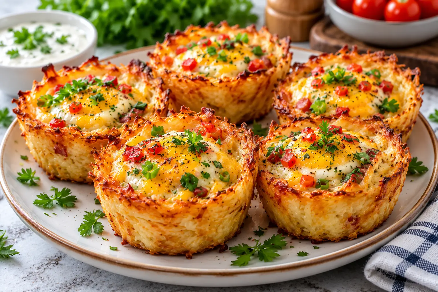 Golden crispy potato and cheese breakfast cups topped with baked eggs and fresh herbs