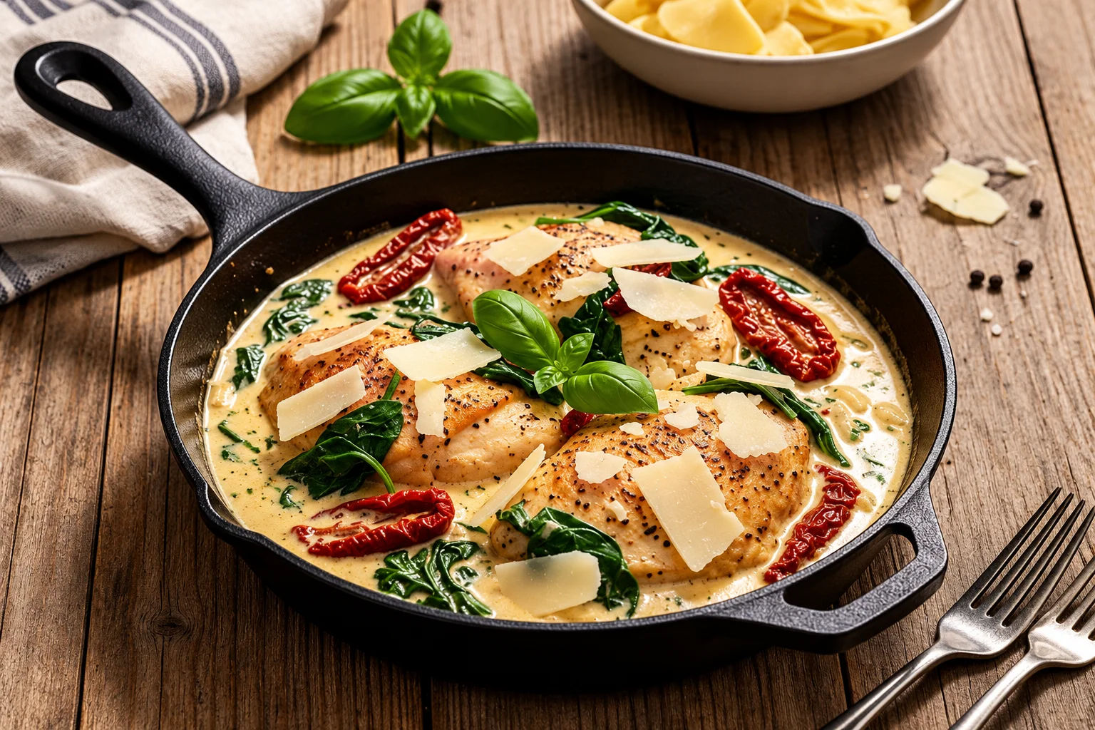 Creamy Tuscan chicken with spinach, sun-dried tomatoes, and Parmesan cream sauce in a cast-iron skillet