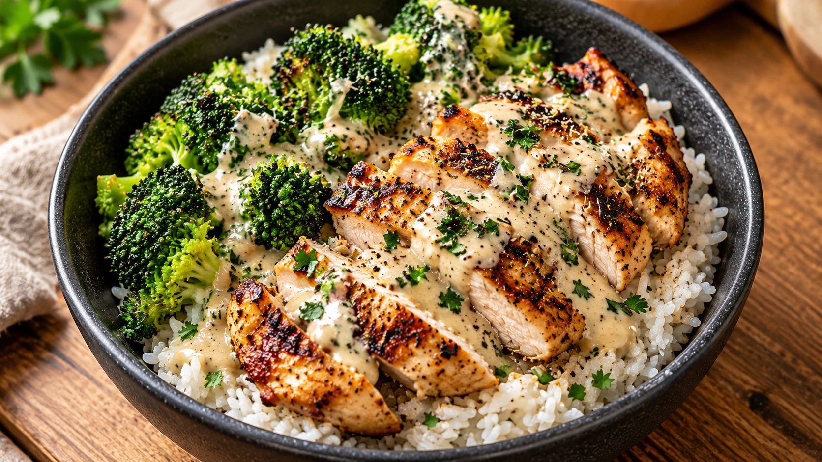 Creamy garlic butter chicken with white rice, fresh broccoli, and herb cream sauce