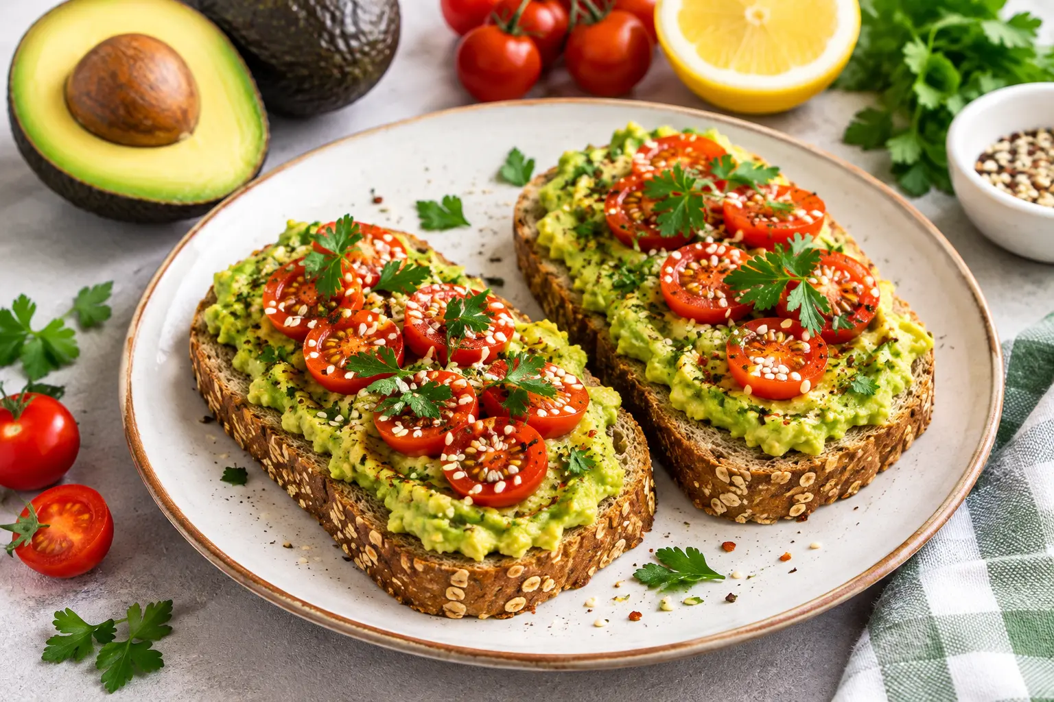 Healthy avocado toast topped with fresh cherry tomatoes on whole-grain bread