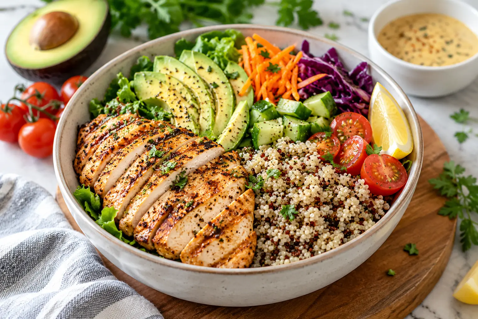 Healthy grilled chicken quinoa bowl with avocado, cherry tomatoes, cucumber, carrots, and purple cabbage