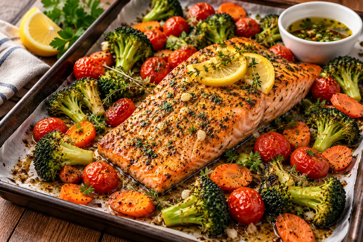 Garlic lemon salmon with roasted broccoli, carrots, cherry tomatoes, and fresh lemon slices