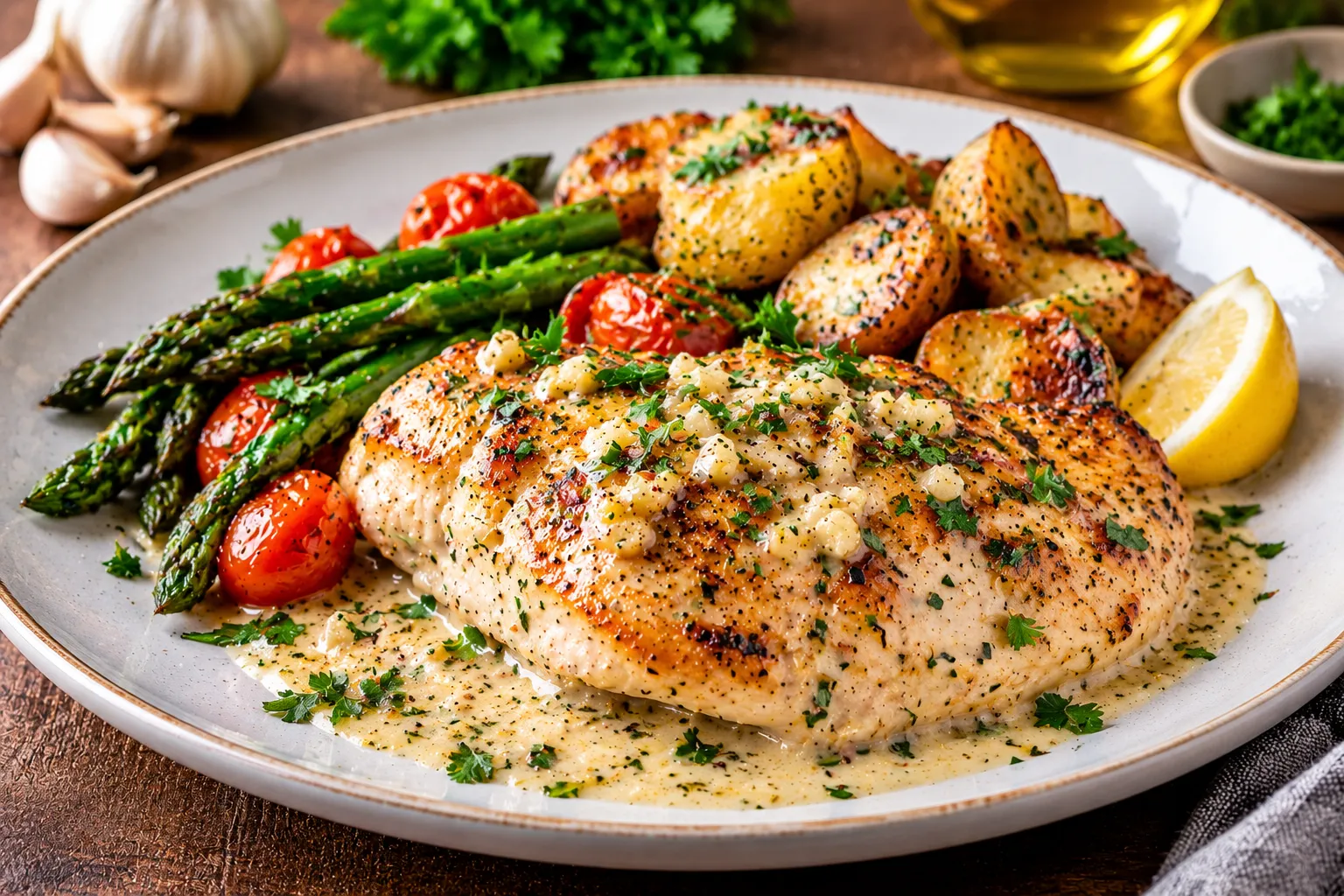 Creamy garlic butter chicken with Parmesan sauce, golden roasted potatoes, asparagus, cherry tomatoes, fresh parsley, and lemon wedges.