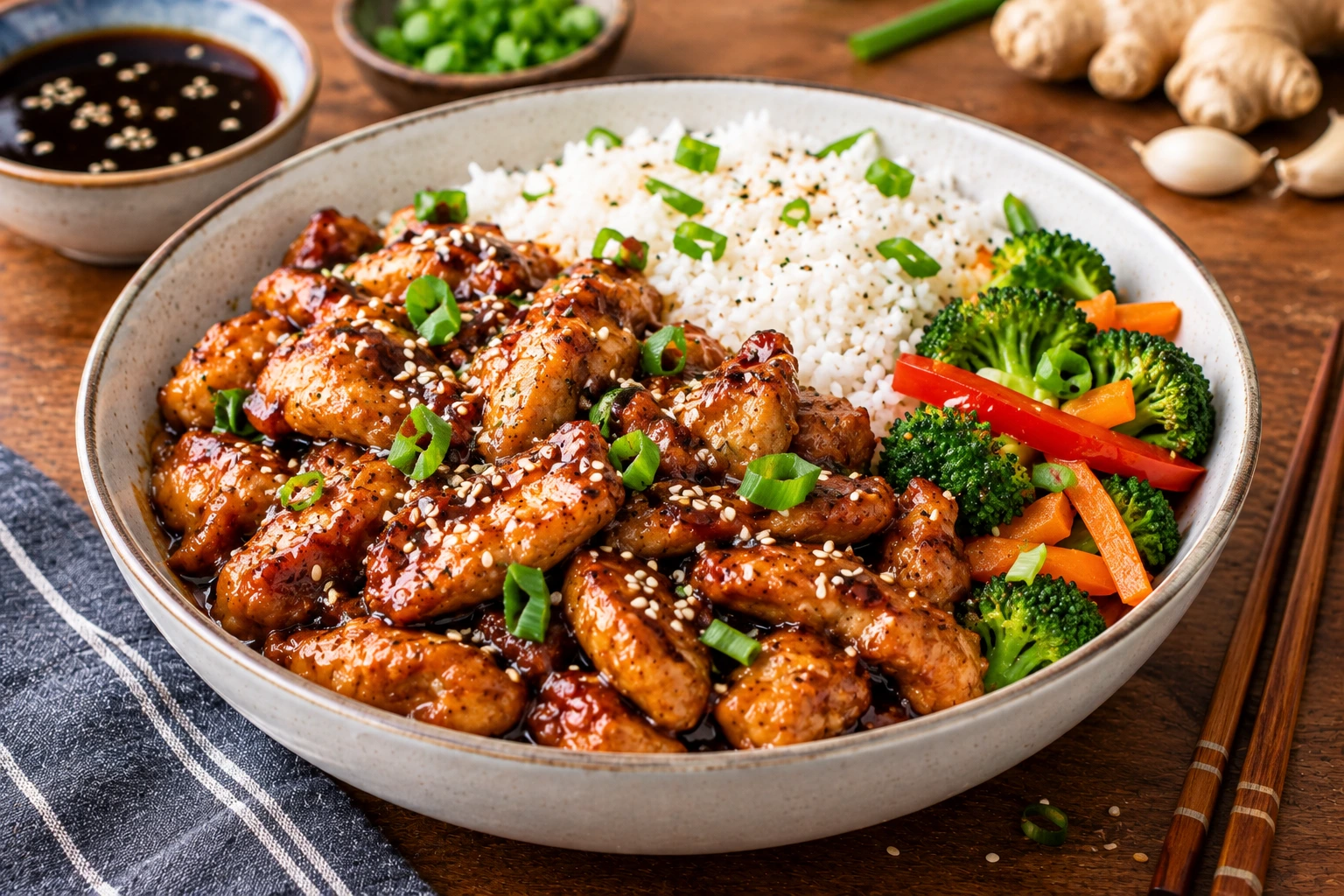 Easy chicken teriyaki with glossy honey soy sauce, steamed rice, broccoli, and sesame seeds.