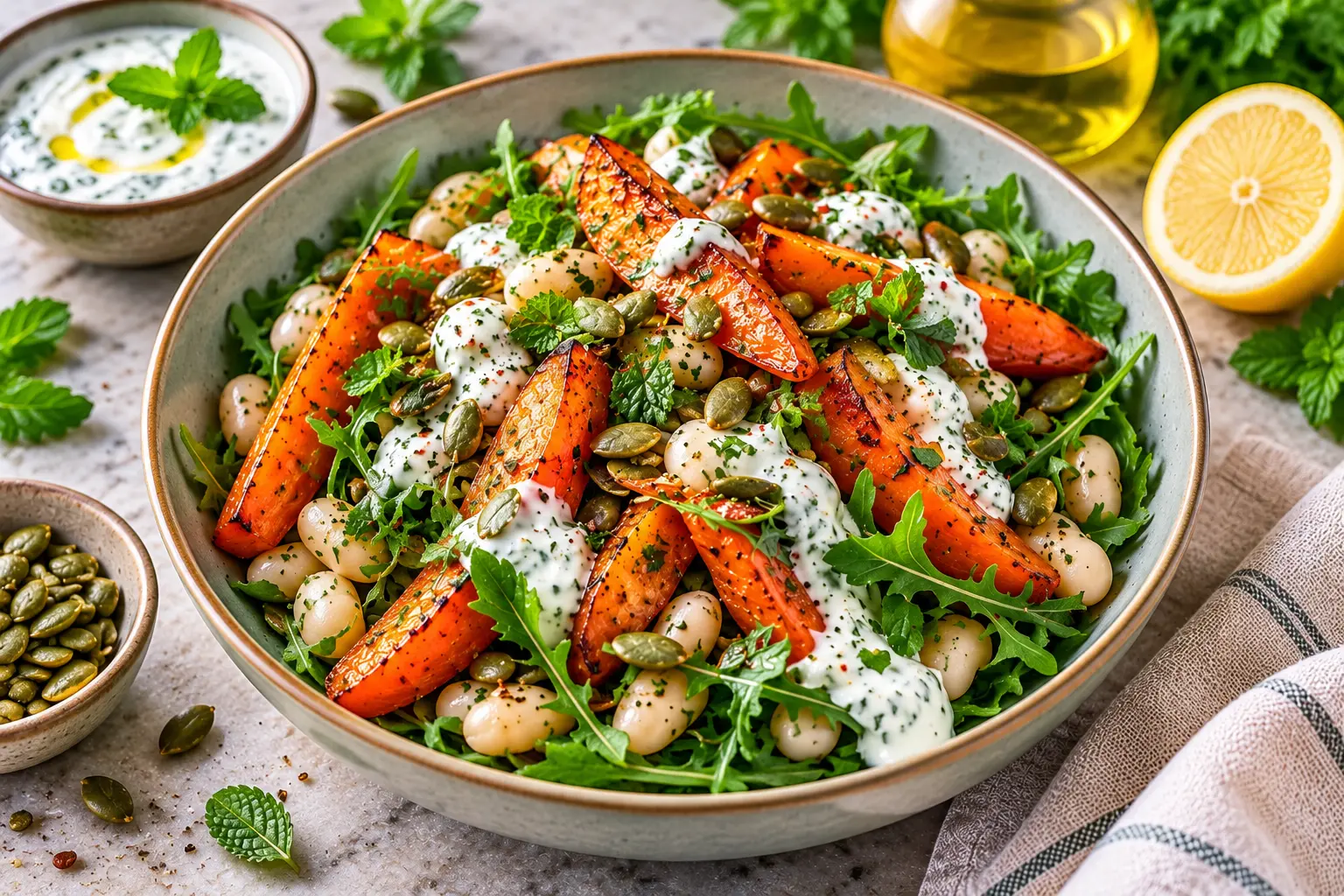 Smoky roasted carrots and white beans with fresh greens, mint yogurt dressing, and pumpkin seeds