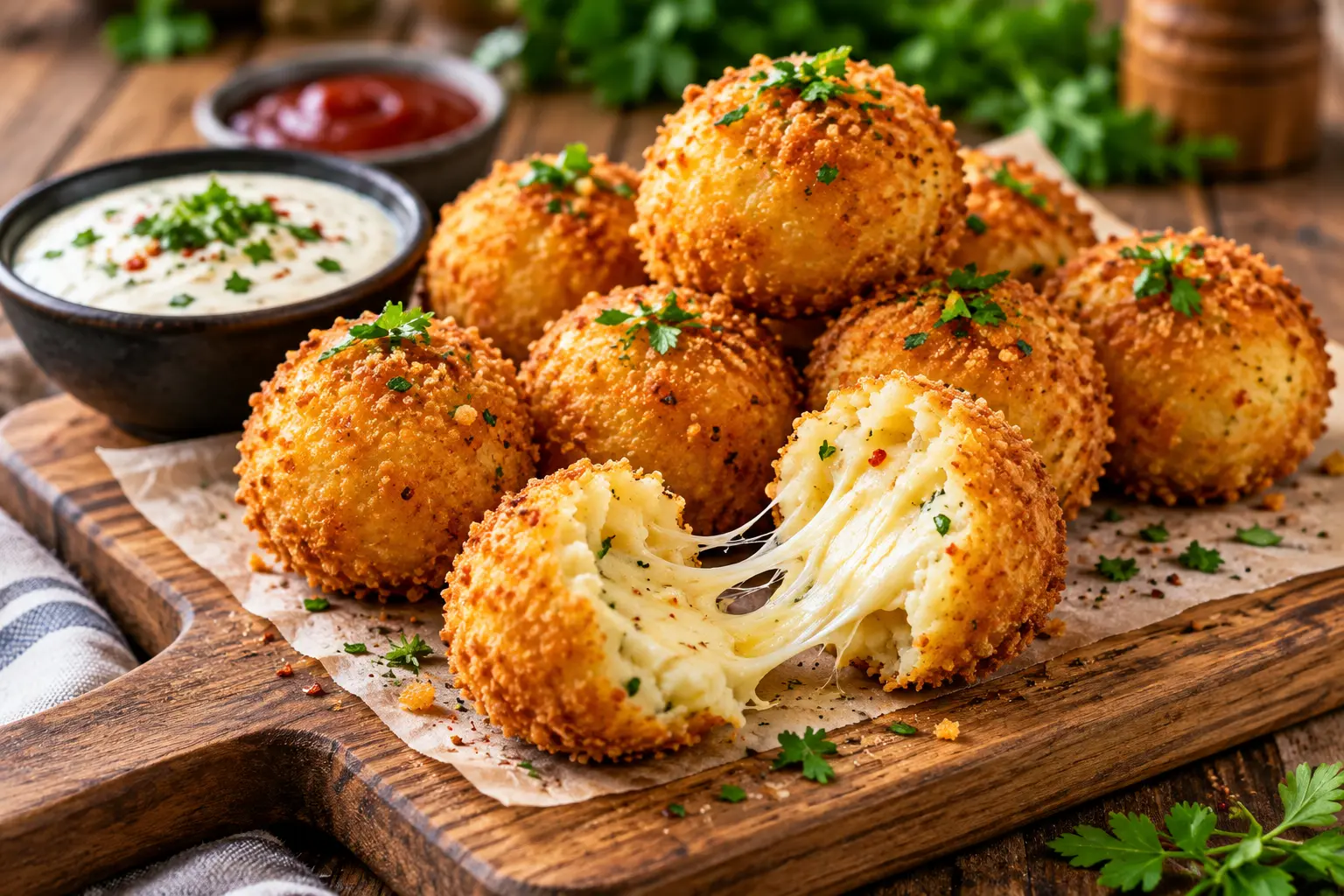 Golden crispy cheesy potato balls with melted mozzarella cheese and creamy dipping sauce