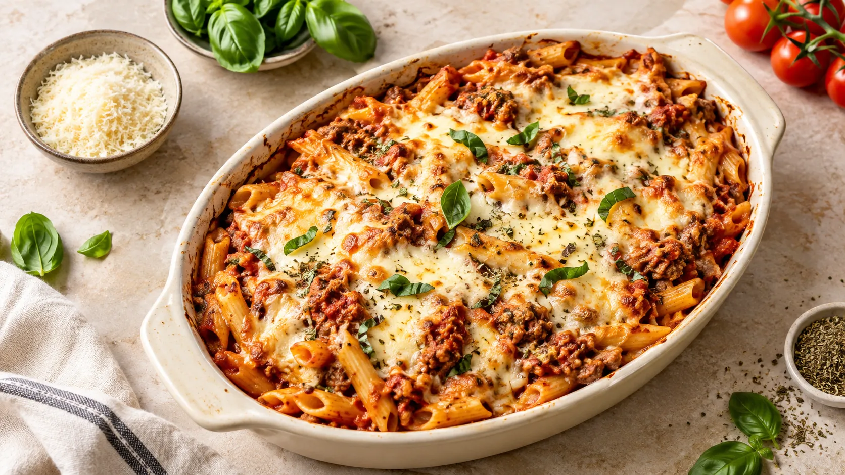 Cheesy baked ziti pasta with ground beef, rich tomato sauce, melted mozzarella cheese, Parmesan, and fresh basil.