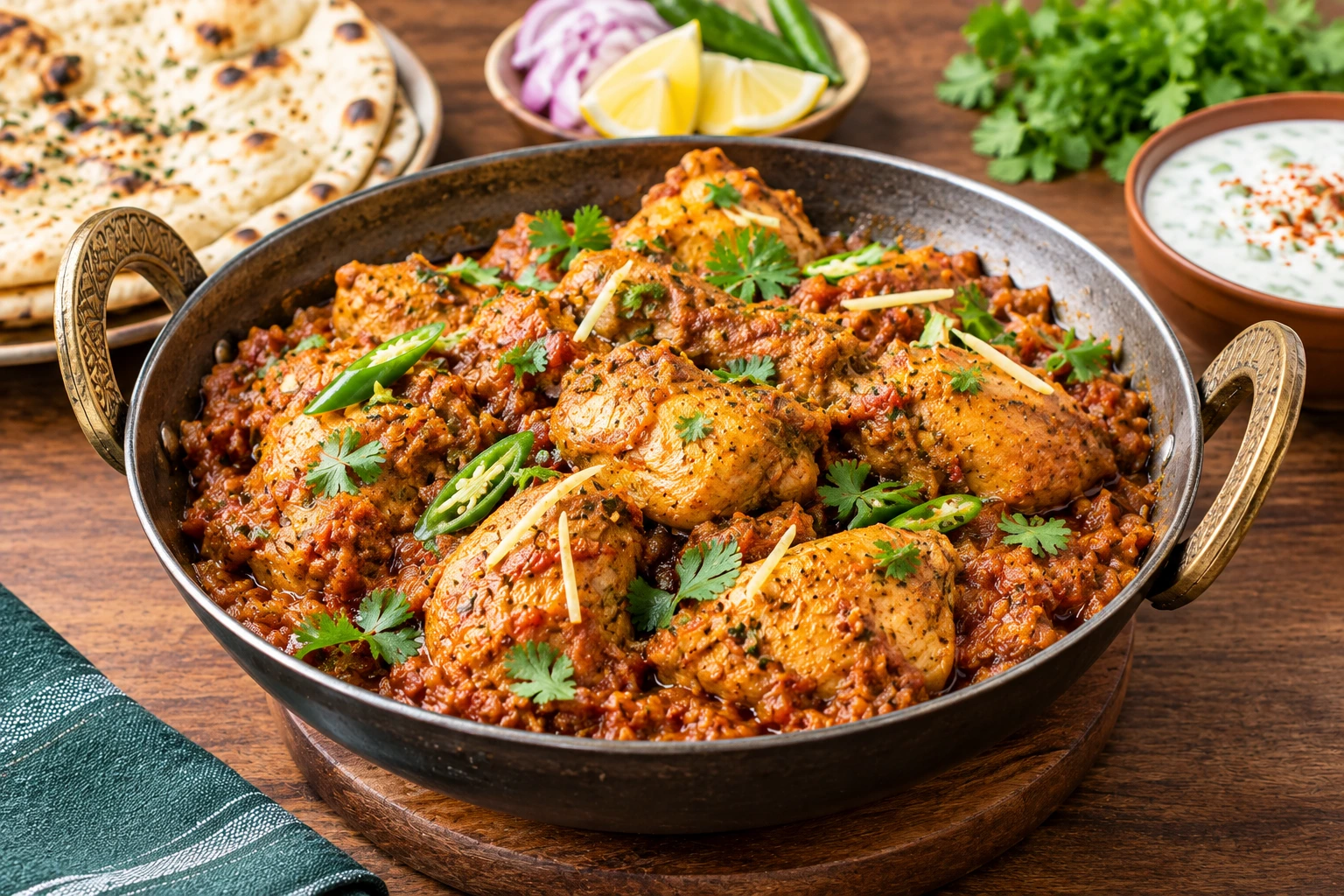 Pakistani chicken kamahi in thick tomato gravy topped with green chilies, fresh ginger, and coriander.