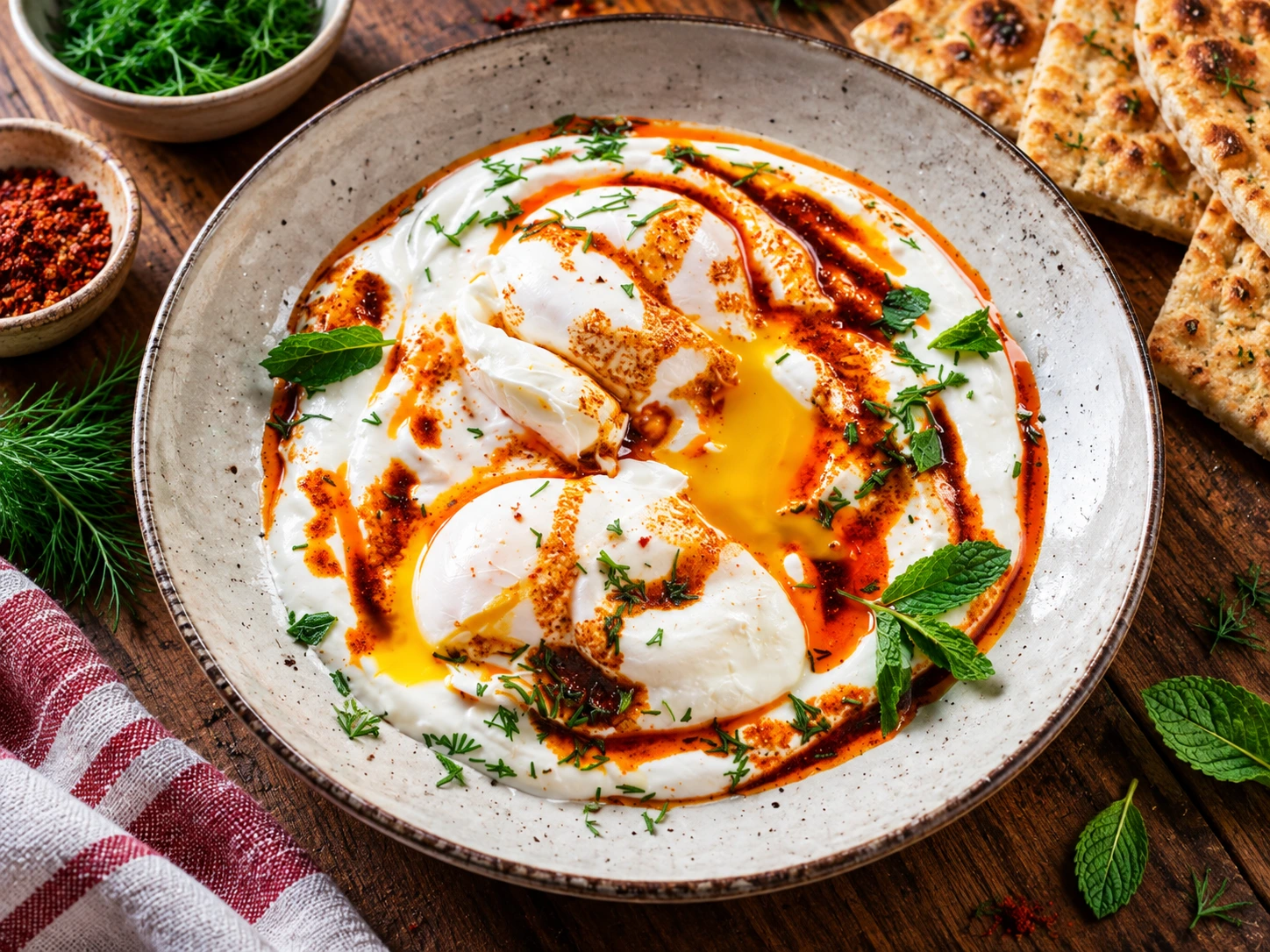 Turkish Cilbir with poached eggs, garlic yogurt, paprika butter, and fresh dill