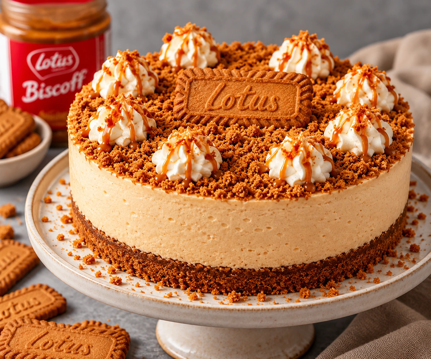 No-Bake Lotus Biscoff Cheesecake with Creamy Filling and Caramel Biscuit Crumb Topping