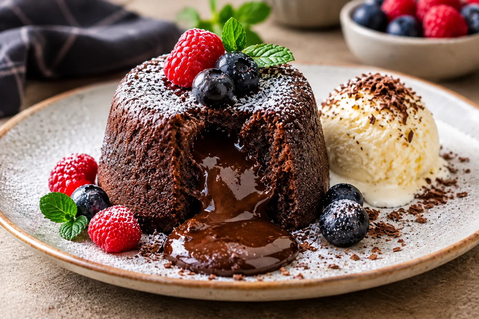 Molten chocolate lava cake with a gooey chocolate center, fresh raspberries, blueberries, powdered sugar, mint leaves, and vanilla ice cream.