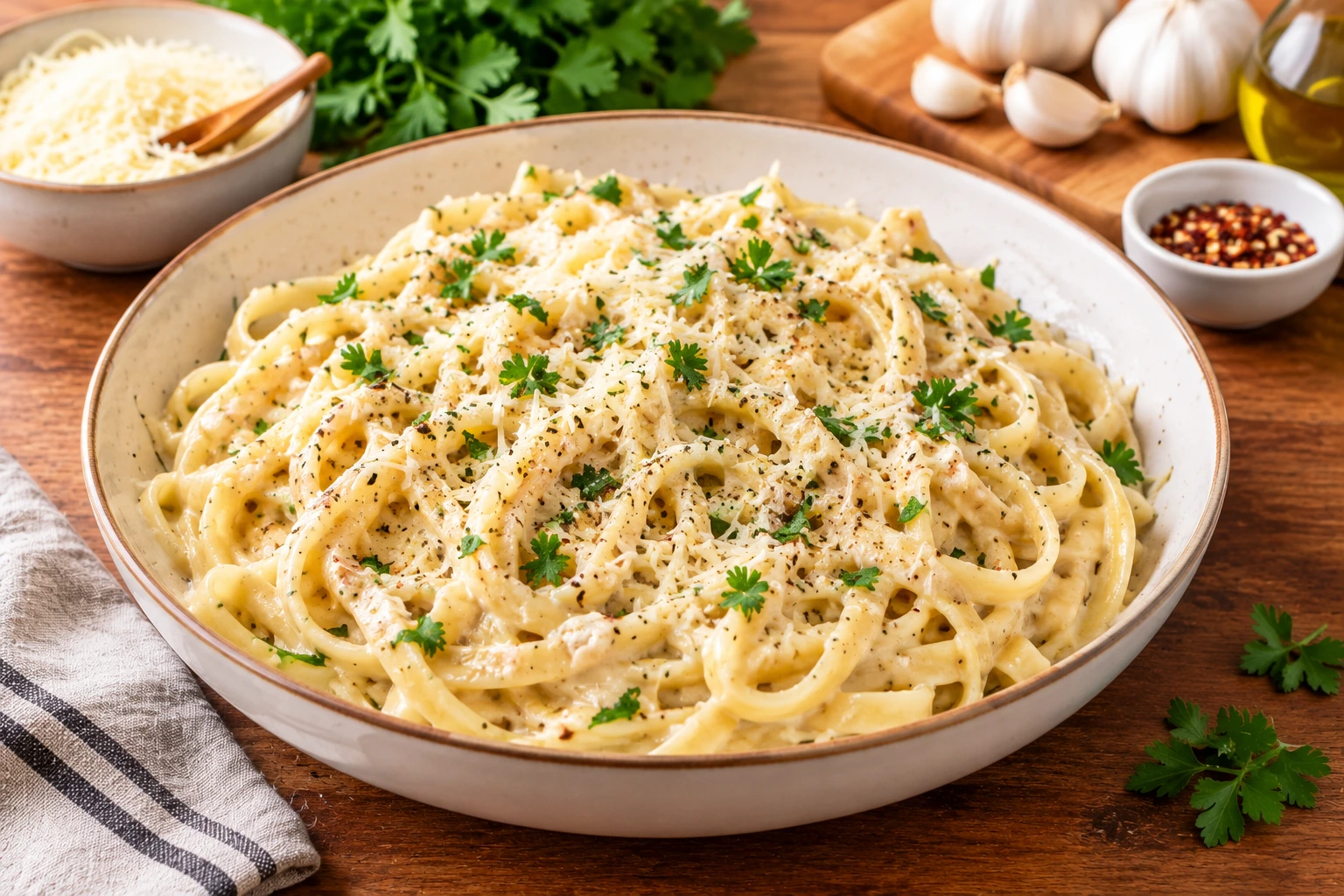 Creamy garlic pasta topped with grated Parmesan cheese, fresh parsley, and black pepper in a white bowl.