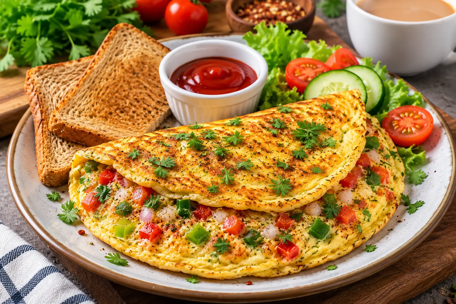 Golden vegetable masala omelette served with toasted bread, fresh tomatoes and cucumber