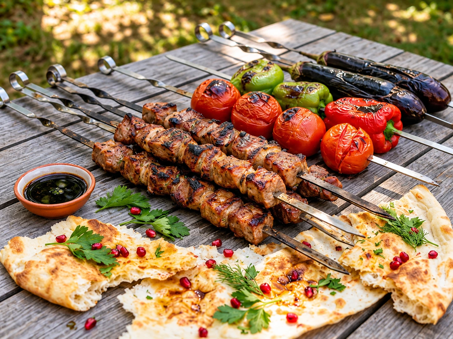 Armenian Khorovats grilled meat skewers with roasted tomatoes, green peppers, eggplant, and flatbread