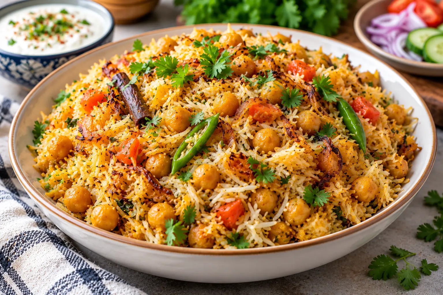 Golden chickpea pulao with fluffy rice, chickpeas, caramelized onions, and fresh herbs
