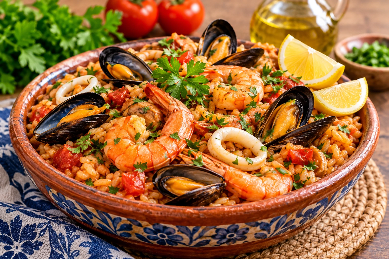 Portuguese seafood rice with shrimp, mussels, squid, and fresh parsley
