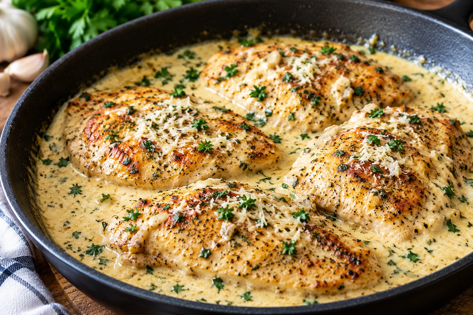 Creamy garlic chicken breasts in a rich Parmesan herb sauce