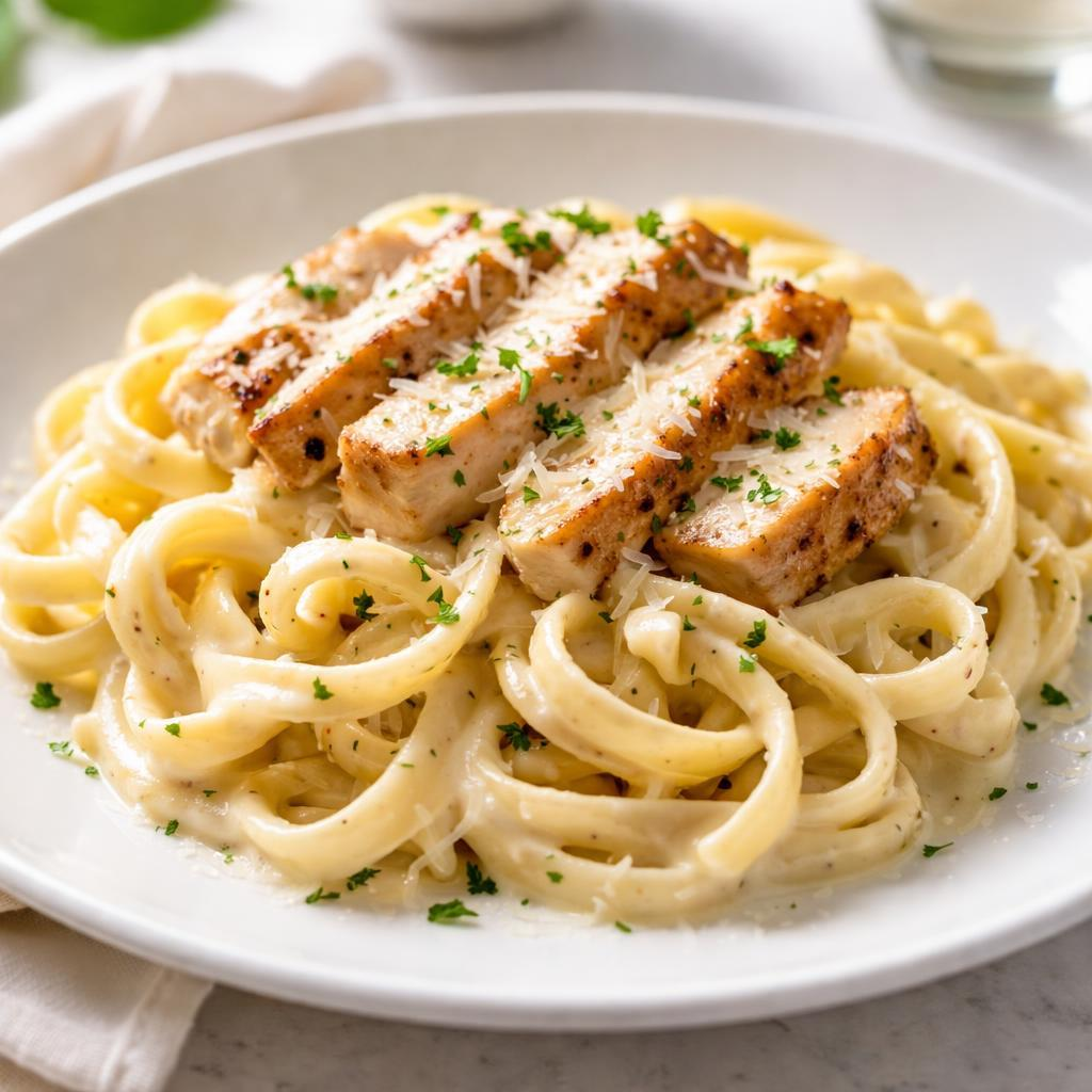 Creamy Chicken Alfredo Pasta with tender chicken breast, fettuccine noodles, Parmesan cream sauce, and fresh parsley.