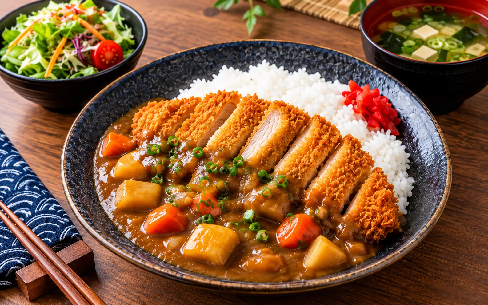 Japanese chicken katsu curry with crispy golden breaded chicken, thick vegetable curry sauce, steamed white rice, and red pickled ginger.