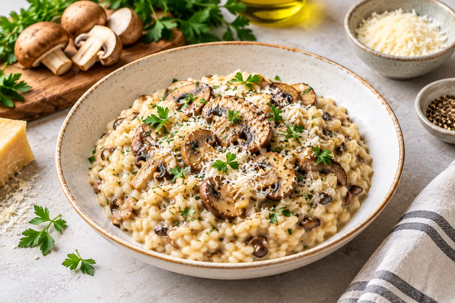 Creamy mushroom risotto topped with golden sautéed mushrooms, grated Parmesan cheese, and fresh parsley.