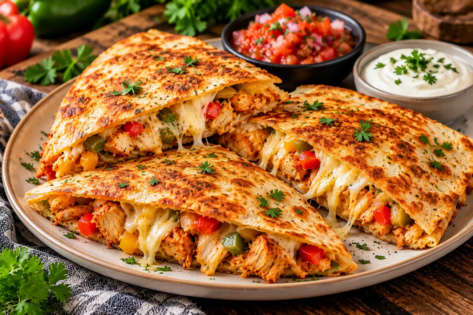 Golden crispy chicken cheese quesadilla wedges filled with melted cheese, seasoned chicken, and bell peppers