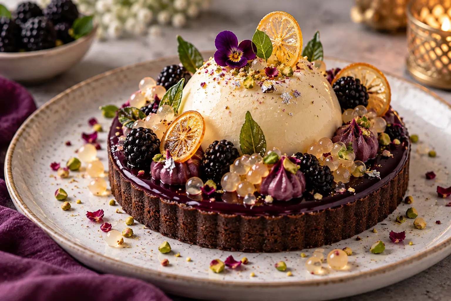Blackberry Citrus Velvet Tart with Chocolate Crust and Vanilla Mousse