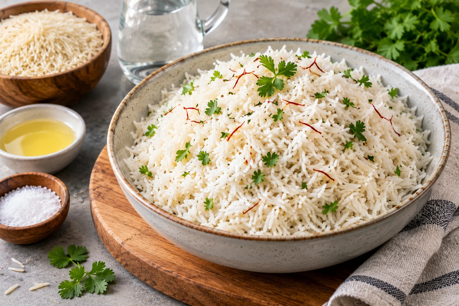 Perfect fluffy basmati rice in a ceramic bowl, garnished with fresh herbs – easy step-by-step cooking guide.