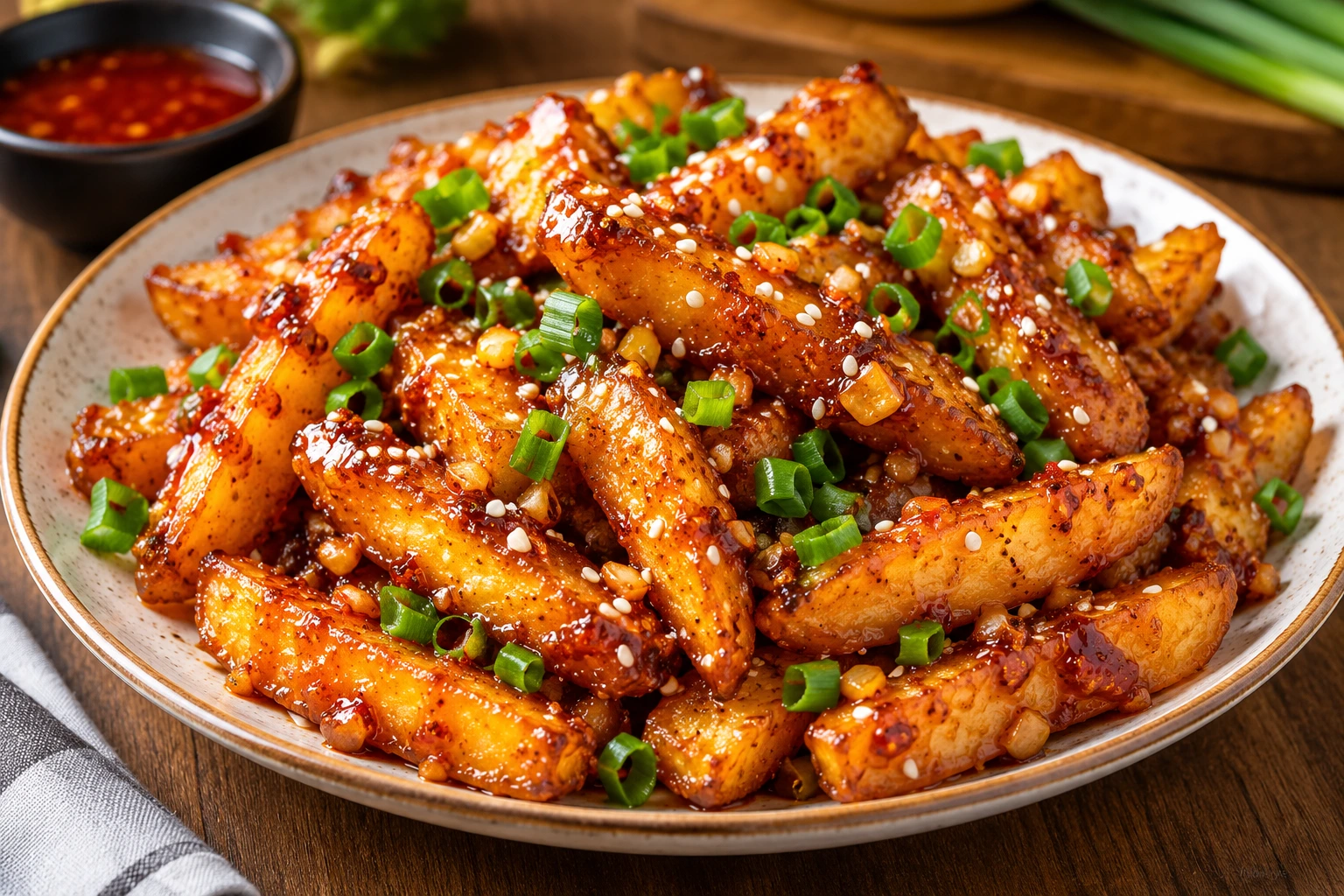 Crispy honey chilli potatoes coated in sweet and spicy sauce with sesame seeds and spring onions